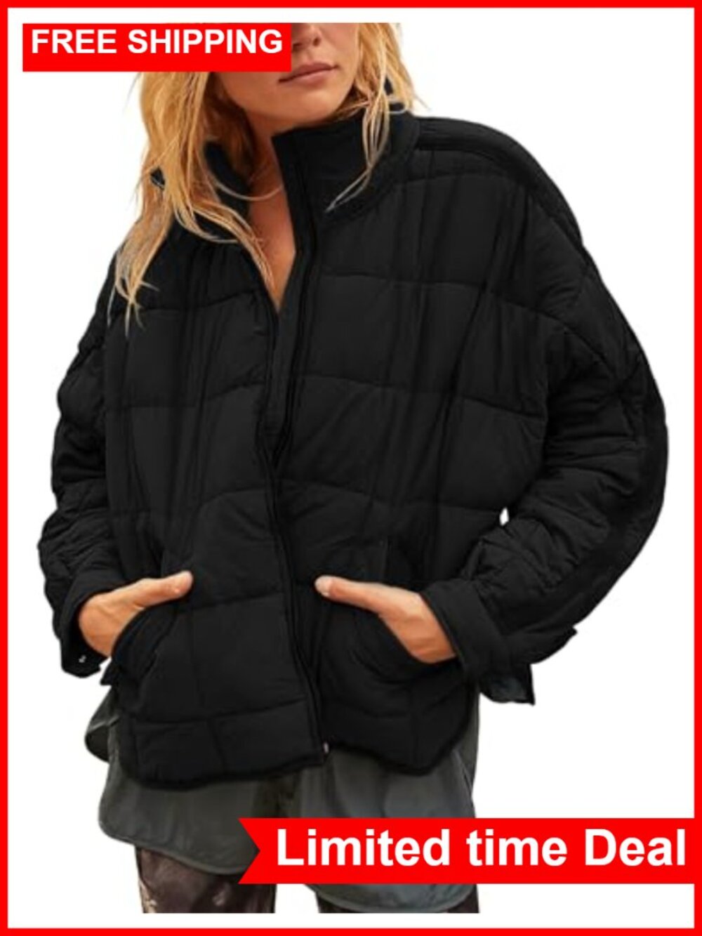 Quilted Puffer Jacket Lightweight Zip Up Padded Coat with Pockets